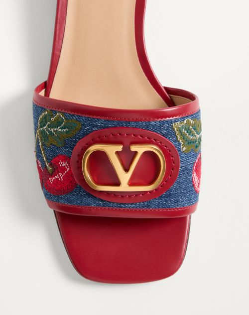 Valentino Garavani - Vlogo Signature Denim Slide Sandal With Cherryfic Embroidery 20mm - Denim/multicolour - Woman - Sandals