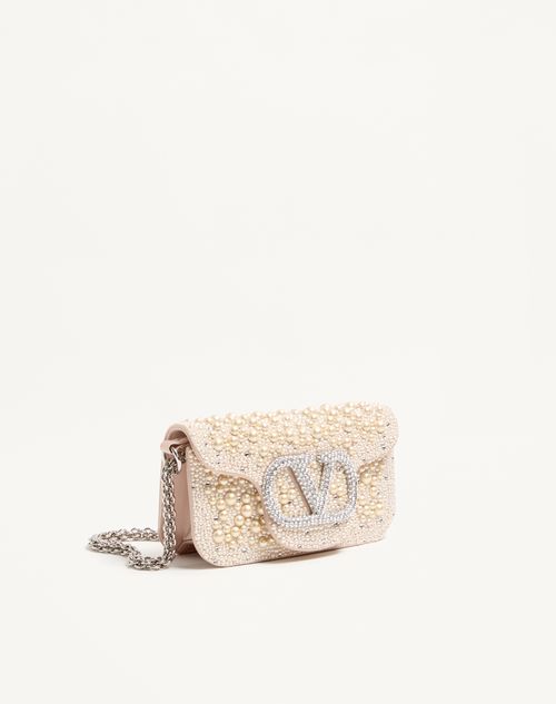 Valentino Garavani - Valentino Garavani Locò Small Shoulder Bag With Pearls, Rhinestones And Jewel Logo - Cream - Woman - Shoulder Bags