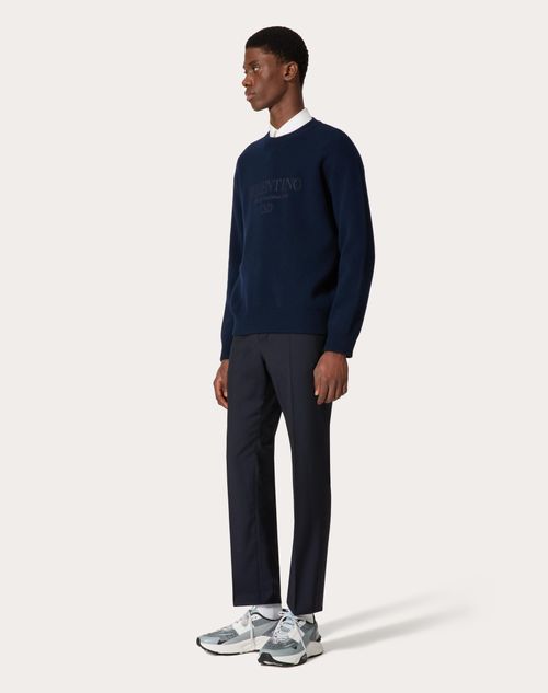 Valentino - Crewneck Wool Sweater With Valentino Embroidery - Navy - Man - Shelf - Mrtw - Wardrobing & Vlogo Sign