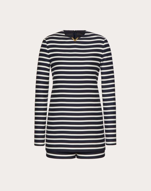 Valentino - Crepe Couture Striped Print Playsuit - Navy/ivory - Woman - Ready To Wear