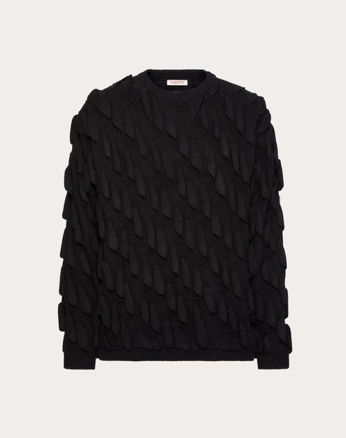 Valentino - Wool Crewneck Jumper With All-over Wave Embroidery - Black - Man - Apparel
