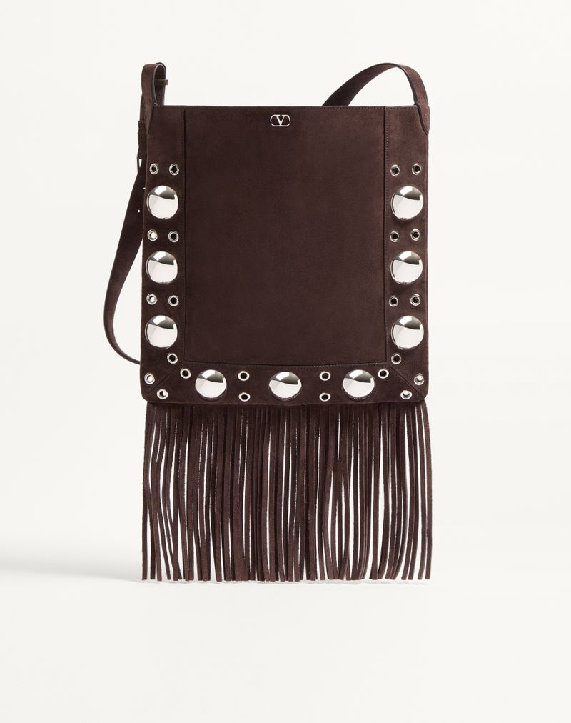 Sac Porté Épaule Nellcôte Daim Franges Marron — Valentino