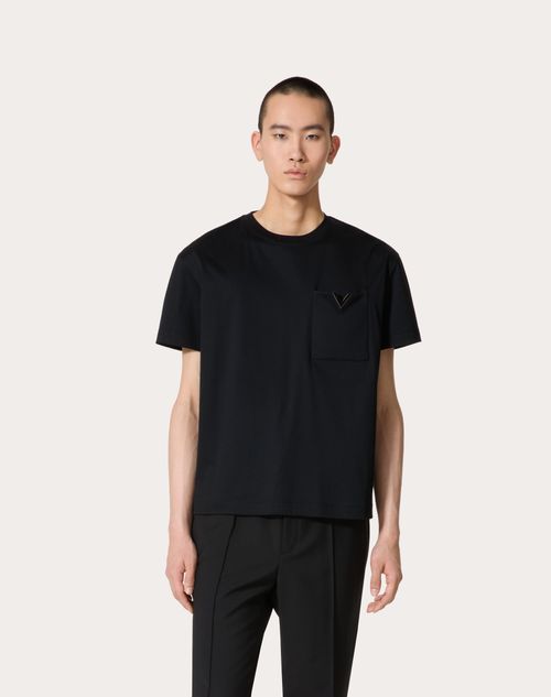 Cotton T-shirt With Metallic V Detail for Man in White Cotton T-shirt With Metallic V Detail for Man in White