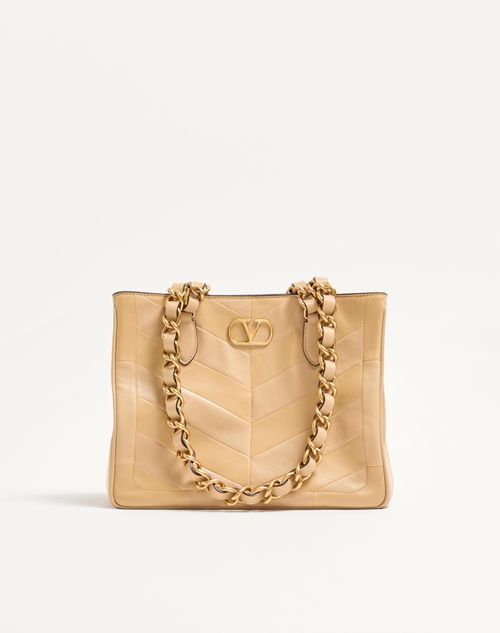 Valentino Garavani - Valentino Garavani Laseine Small Shopping Bag In Chevron-patterned Nappa Leather - Gold Beige - Woman - Totes