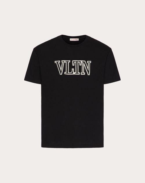 Vltn Embroidered Cotton T-shirt for Man in Black | Valentino US