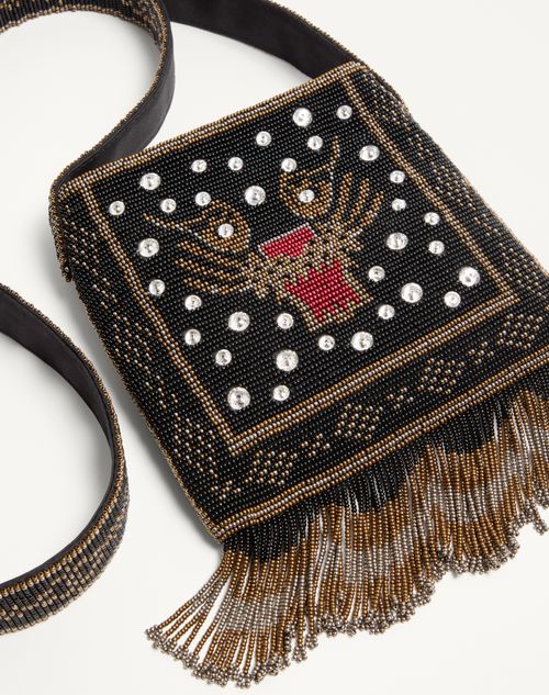 Valentino Garavani - Valentino Garavani Nellcôte Small Embroidered Shoulder Bag With Fringes - Black - Man - Shoulder Bags