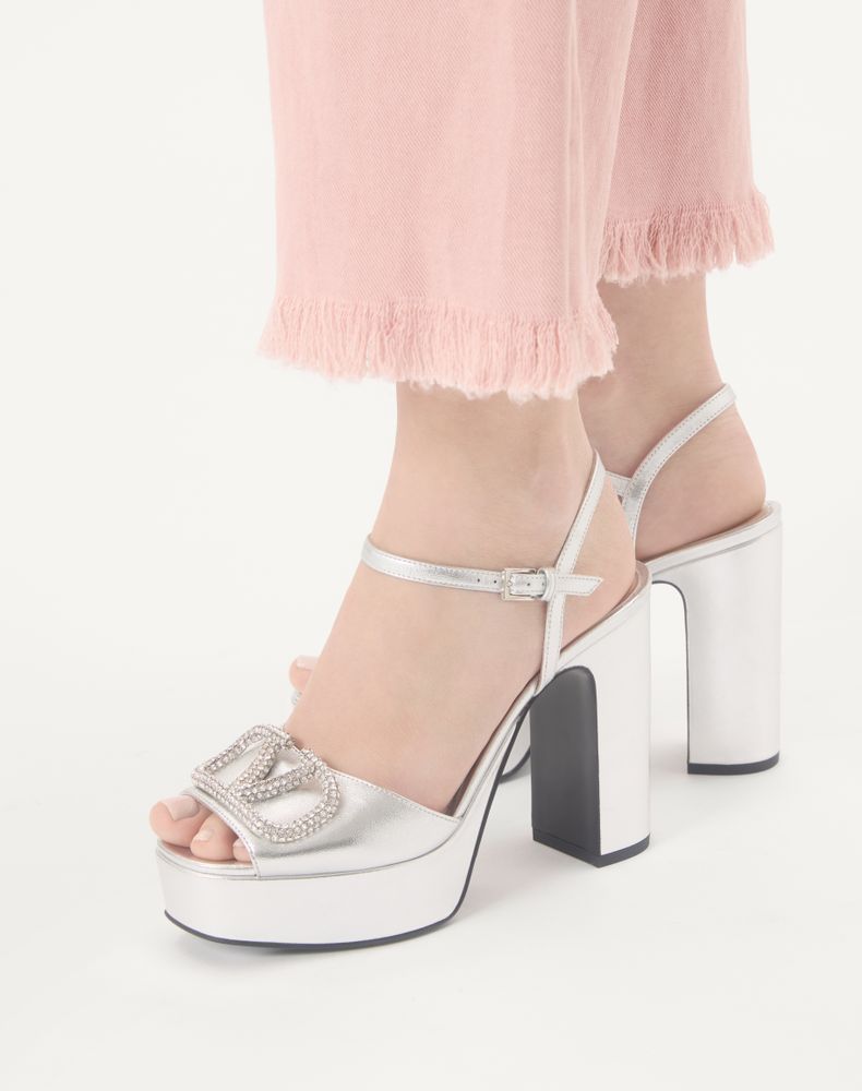 Valentino Garavani Vlogo Signature Platform Sandal In Laminated Nappa Leather 115Mm Woman Silver 38.5