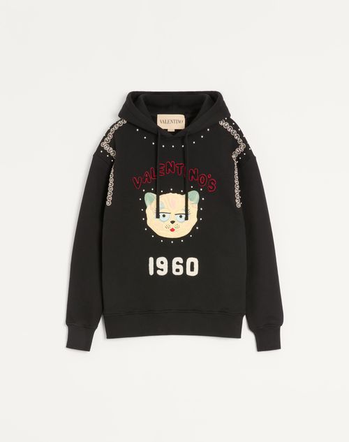 Valentino - Cotton Hooded Sweatshirt With Le Chat De La Maison Patch - Black - Man - T-shirts And Sweatshirts