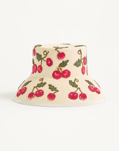 Valentino Garavani - Cappello Bucket Cherryfic In Paglia - Naturale/rosso - Donna - Cappelli E Guanti