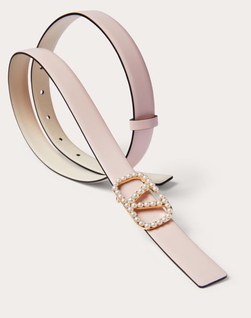 Valentino Garavani - Vlogo Signature Reversible Belt In Shiny Calfskin With Pearls 20 Mm - Rose Quartz - Woman - Belts