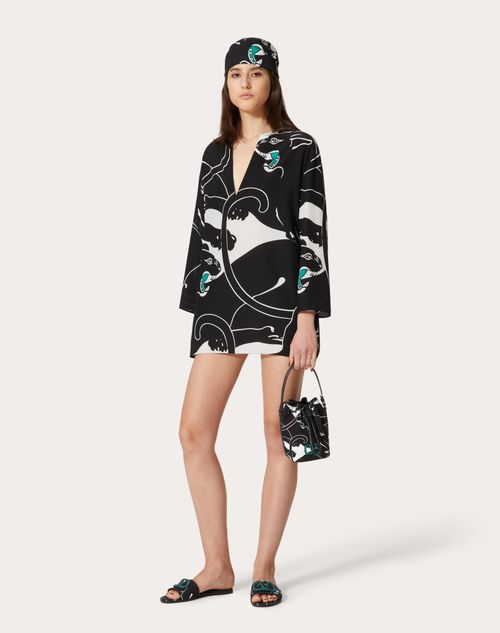 Valentino - Crepe De Chine Panther Dress - Black/white/green - Woman - Ready To Wear