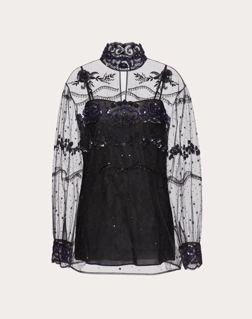 Valentino - Tulle Illusione Embroidered Top - Black - Woman - Shirts & Tops