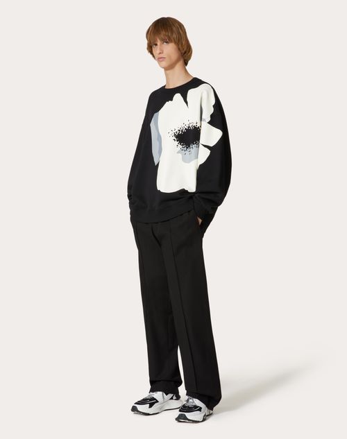 Valentino - Cotton Crewneck Sweatshirt With Valentino Flower Portrait Print - Black/grey/ivory - Man - Tshirts And Sweatshirts