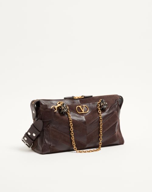 Valentino Garavani - Valentino Garavani Panthea Medium Shoulder Bag In Suede And Nappa With Chevron Motif - Ebony - Woman - Shoulder Bags
