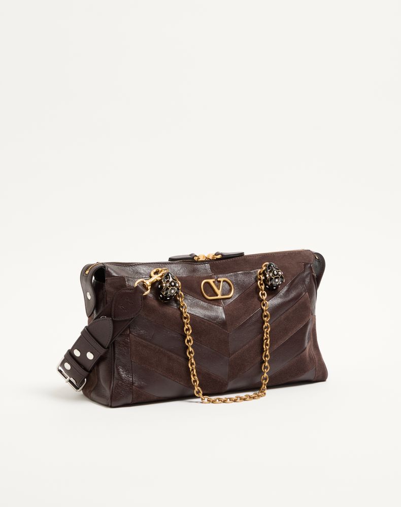Valentino Garavani Panthea Medium Shoulder Bag In Suede And Nappa With Chevron Motif Woman Ebony Uni