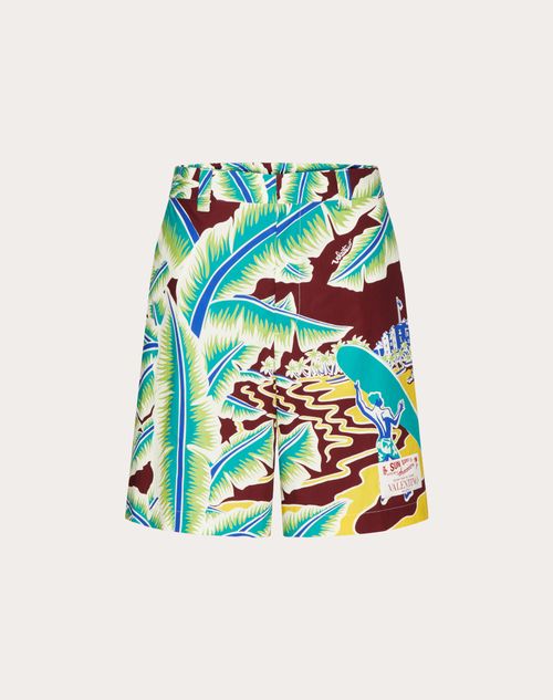 Valentino - Cotton Bermuda Shorts With Surf Rider Print - Multicolour - Man - Trousers And Shorts