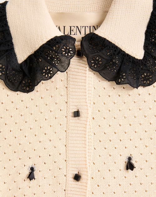Valentino - Embroidered Cotton Cardigan - Birch/black - Woman - Knitwear