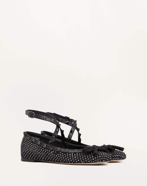 Valentino Garavani - Ballerines Rockstud En Tissu Ajouré Ornées De Cristaux Et De Clous Assortis - Noir - Femme - Ballerines