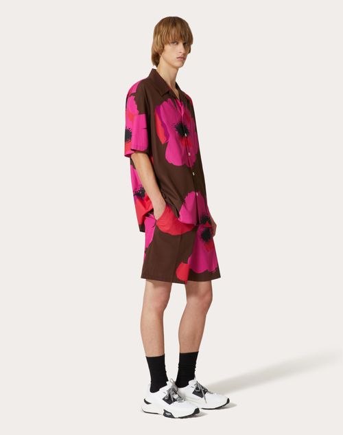 Valentino - Cotton Poplin Bermuda Shorts With Valentino Flower Portrait Print - Tobacco/pink Pp - Man - Trousers And Shorts