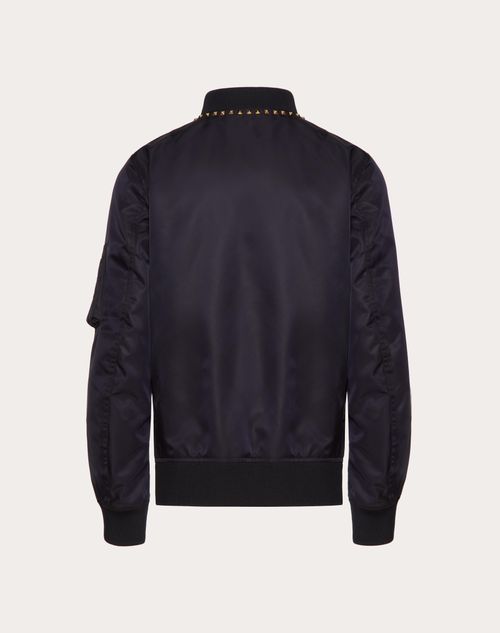 Valentino - Nylon Bomber Jacket With Black Untitled Studs On The Neckline - Navy - Man - Outerwear