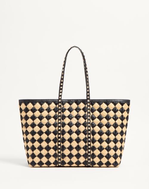 Valentino Garavani - Valentino Garavani Rockstud Embroidered Shopping Bag In Synthetic Raffia - Natural/black - Woman - Totes
