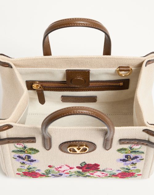 Valentino Garavani - Valentino Garavani Antibes Small Embroidered Linen Shopping Bag - Ecru/multicolour - Woman - Totes