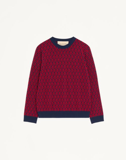 Valentino - Crewneck Wool Sweater With Toute La V Jacquard Pattern - Maroon/navy - Man - Knitwear