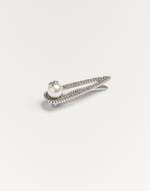 Valentino Garavani - Vlogo Signature Metal Tie Clip With Swarovski® Crystals And Pearl - Palladium - Man - Jewellery