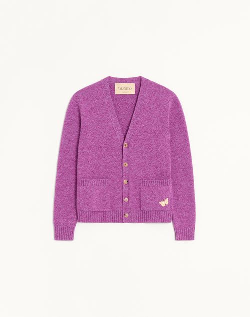 Valentino - Cardigan Valentino In Lana Mouliné Con Patch Farfalla Ricamata - Viola - Uomo - Maglieria