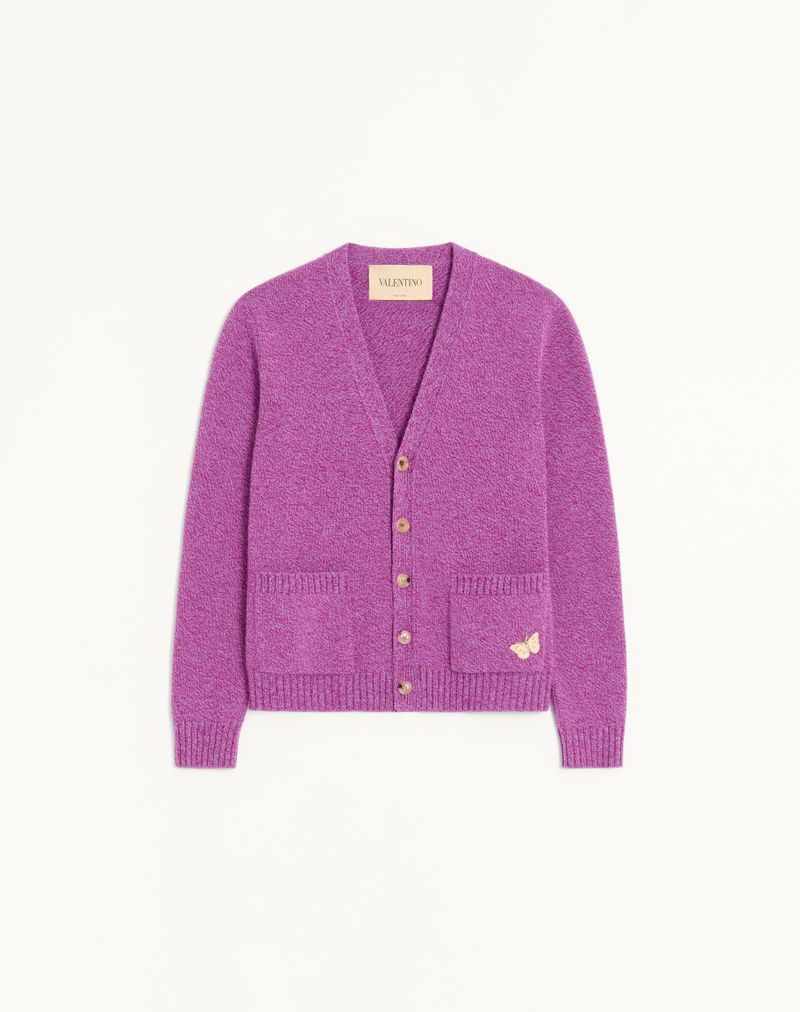 Cardigan Laine Mouliné Écusson Butterfly Brodé Violet — Valentino