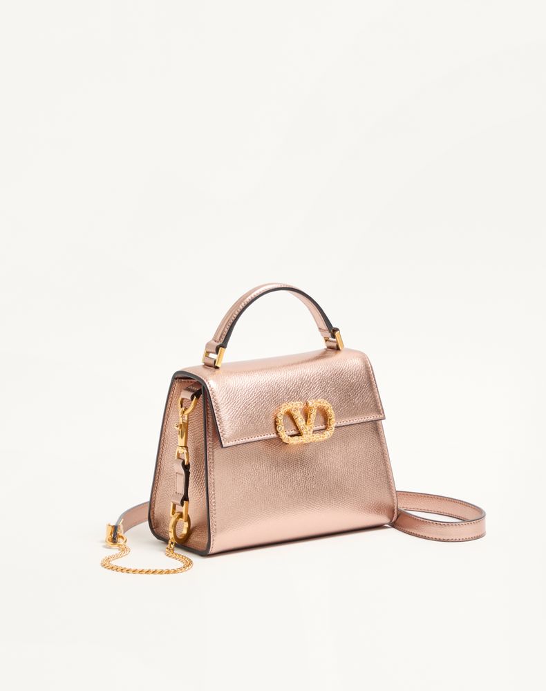 Valentino Garavani Vsling Mini Handbag In Laminated Grainy Calfskin With Jewel Logo Woman Rose Cannelle Uni
