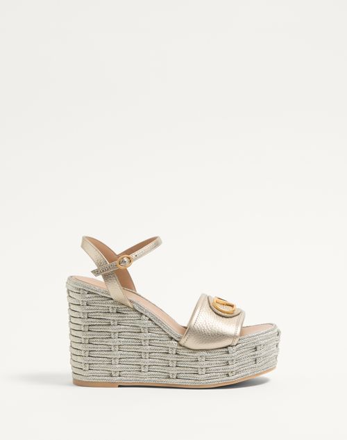 Valentino Garavani - Vlogo Signature Wedge Sandal In Laminated Grainy Calfskin 120mm - Platinum - Woman - Espadrilles - Shoes