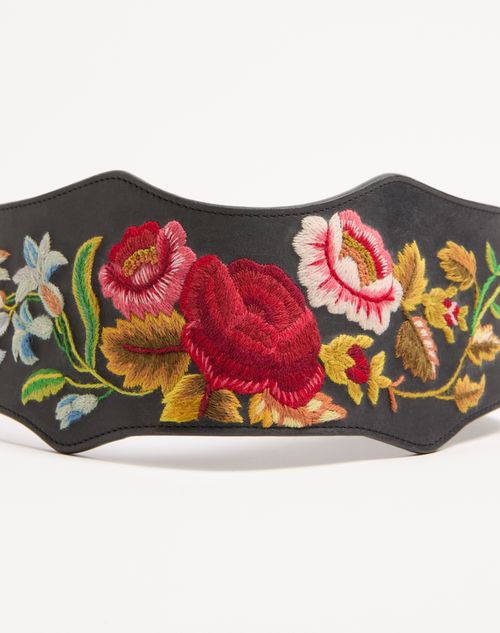 Valentino Garavani - Leather Belt With Floral Motif Embroidery 95 Mm - Multicolor - Woman - Woman
