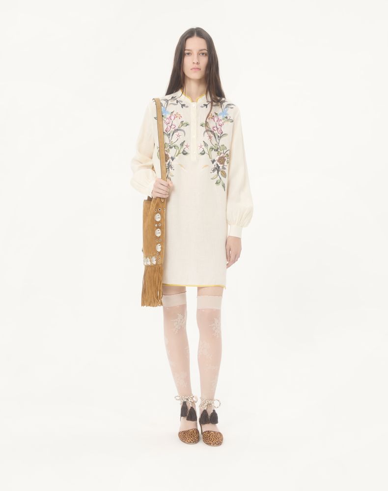 Valentino Short Embroidered Linen Dress Woman Ivory 44