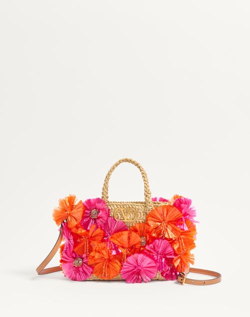 Valentino Garavani - Small Synthetic Raffia Shopping Bag With Flowers And Beads - Natural/red - Woman - Summer Totes - Bags (vlogo Totes/signature)