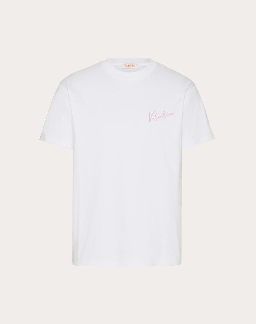 Valentino Handbags T-shirt In Cotone Con Ricamo Valentino E Stampa Vlogo Signature per Uomo in Bianco | Valentino IT