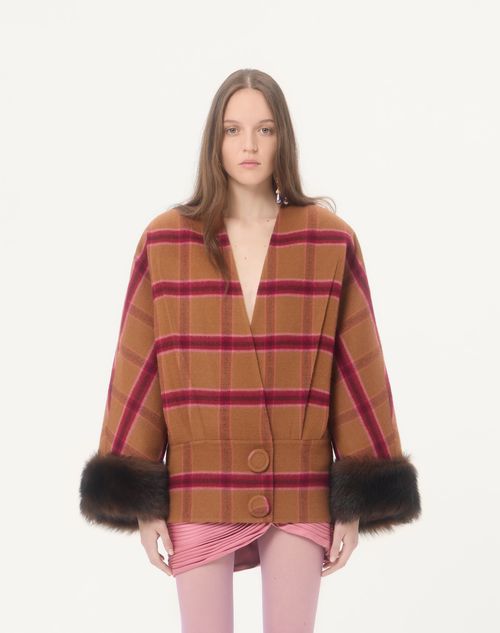 Valentino - Peacoat In Macro Finestra With Shearling - Biscuit/cherry Red - Woman - Jackets And Blazers