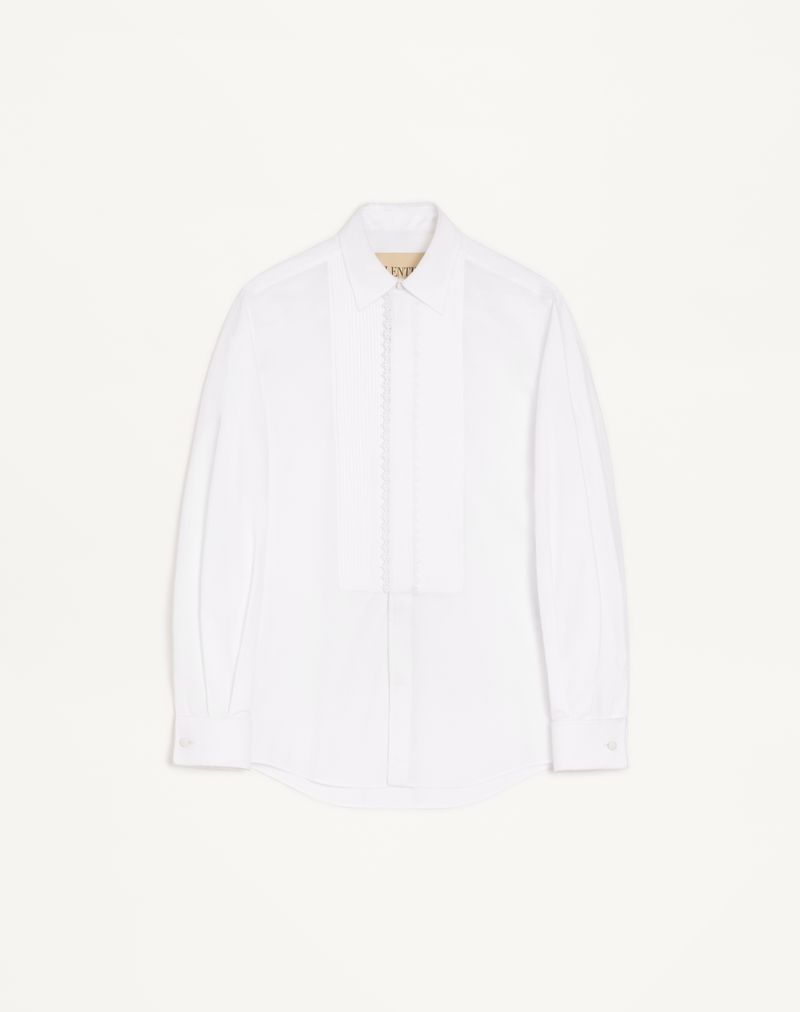 Chemise Popeline Plastron Plissé Dentelle Blanc — Valentino