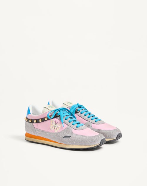 Valentino Garavani - Stud Up Sneaker In Split Leather And Nylon With Butterfly Embroidery - Pink/multicolor - Man - Sneakers