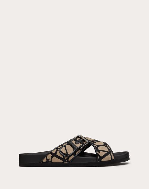 Valentino Garavani - Fussfriend Slide Sandal In Toile Iconographe Technical Fabric - Natural/black - Man - Sandals