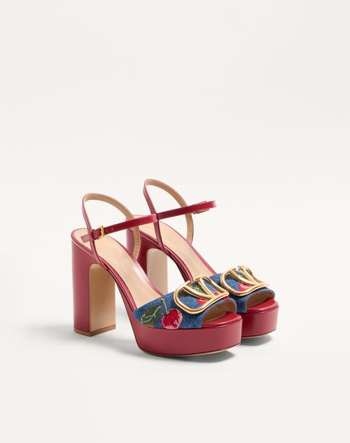 Valentino Garavani - Vlogo Signature Platform Denim Sandal With Cherryfic Embroidery 115mm - Denim/multicolour - Woman - Sandals