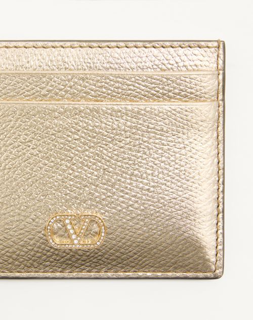 Valentino Garavani - Vlogo Signature Card Holder In Laminated Grainy Calfskin With Jewel Logo - Gold/crystal - Woman - Wallets And Small Leather Goods