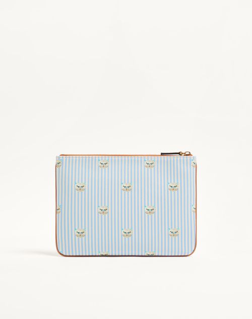 Valentino Garavani - Pochette Valentino Garavani Vlogo Signature En Cuir De Veau Grainé À Imprimé Le Chat De La Maison - Bleu D'azur/ivoire - Homme - Pochettes Et Porte-documents