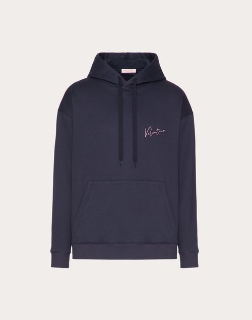 Valentino - Cotton Hooded Sweatshirt With Valentino Embroidery And Vlogo Signature Print - Navy - Man - Ready To Wear