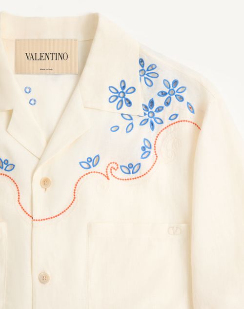 Valentino - Valentino Linen Bowling Shirt In San Gallo With Vlogo Embroidery - Latte - Man - Shirts