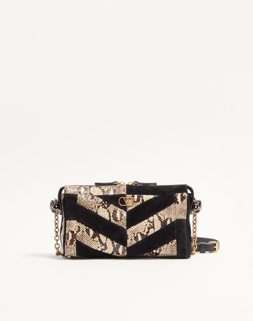 Valentino Garavani - Valentino Garavani Panthea Small Shoulder Bag In Python And Suede With A Chevron Pattern - Beige/black - Woman - Shoulder Bags
