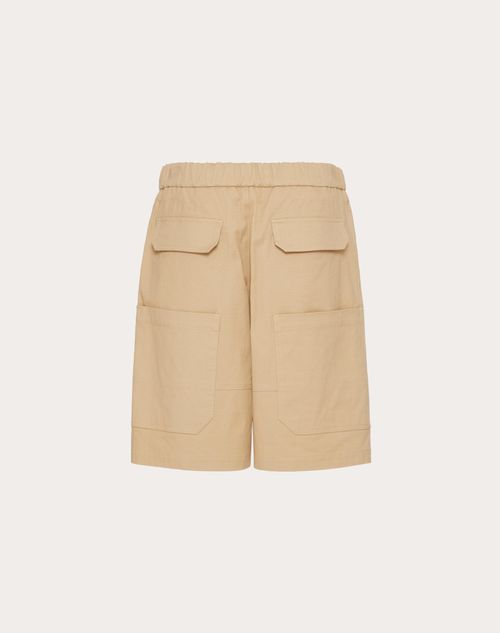Valentino - Cotton Bermuda Shorts With Leather Pocket And Embossed Vlogo Signature - Beige - Man - Pants And Shorts