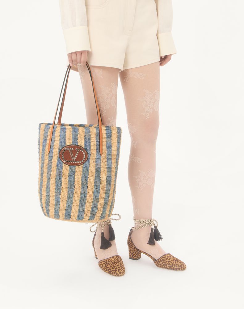 Valentino Garavani Striped Raffia Shopping Bag Woman Natural/Azure Uni