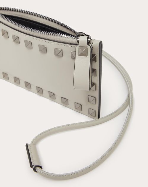 Rockstud Calfskin Card Holder With Neck Strap for Man in Black