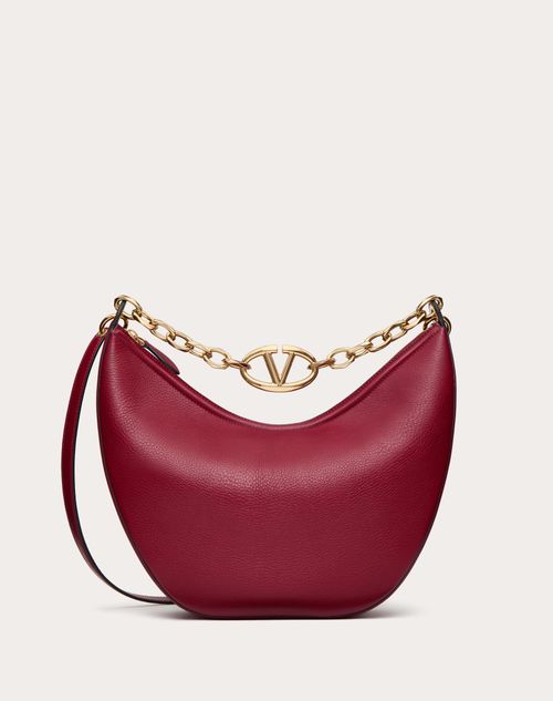 Valentino Garavani - Sac Hobo Moyen Vlogo Moon En Cuir De Veau Grainé Avec Chaîne - Rouge Foncé - Femme - Sacs Porté Épaule